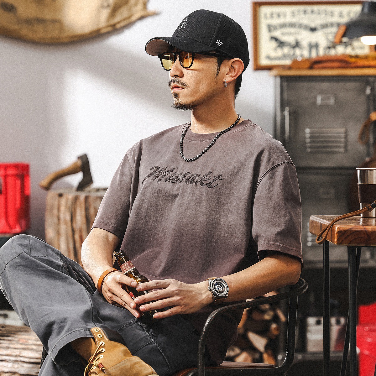 酵素做舊水洗T恤男美式復古短袖男夏季潮流寬鬆半袖男士上衣