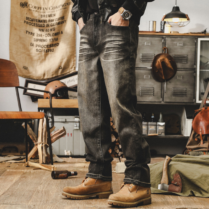 美式複古阿美咔叽牛仔褲男寬松直筒高街褲子男做舊水洗秋季休閑褲