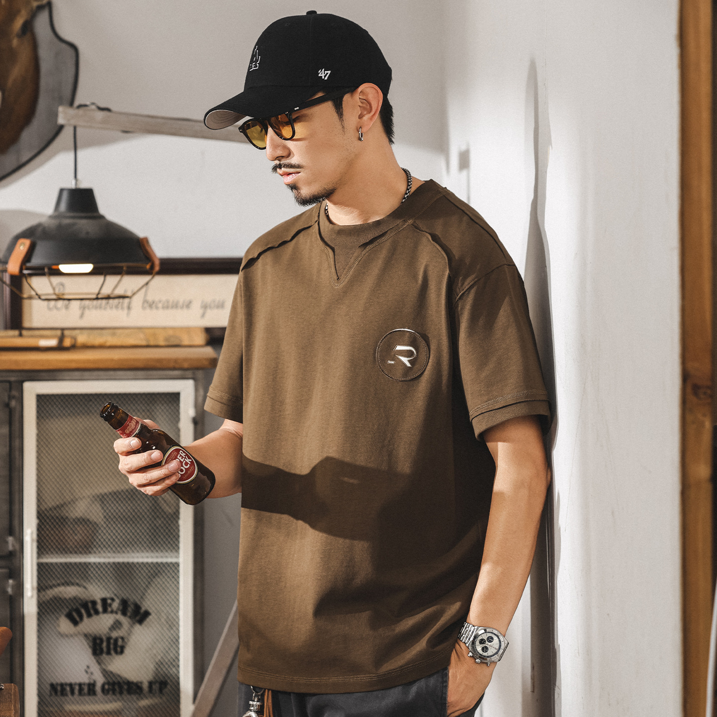 美式復古重磅T恤男士短袖寬鬆夏季新款拼接潮牌假兩件半袖男上衣T