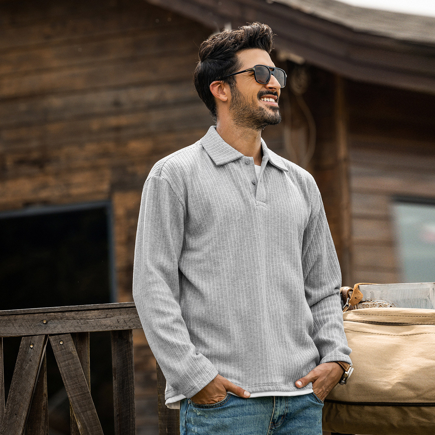 美式復古長袖Polo衫男春季新款提花針織重磅T恤潮流假兩件上衣男