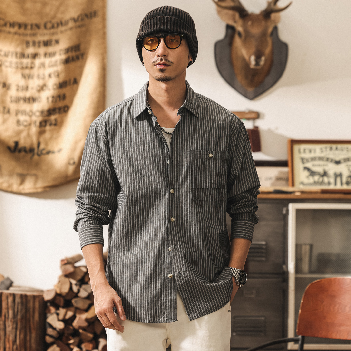 美式復古亞麻透氣條紋男士襯衫春季2026新款長袖工裝襯衣薄款外套