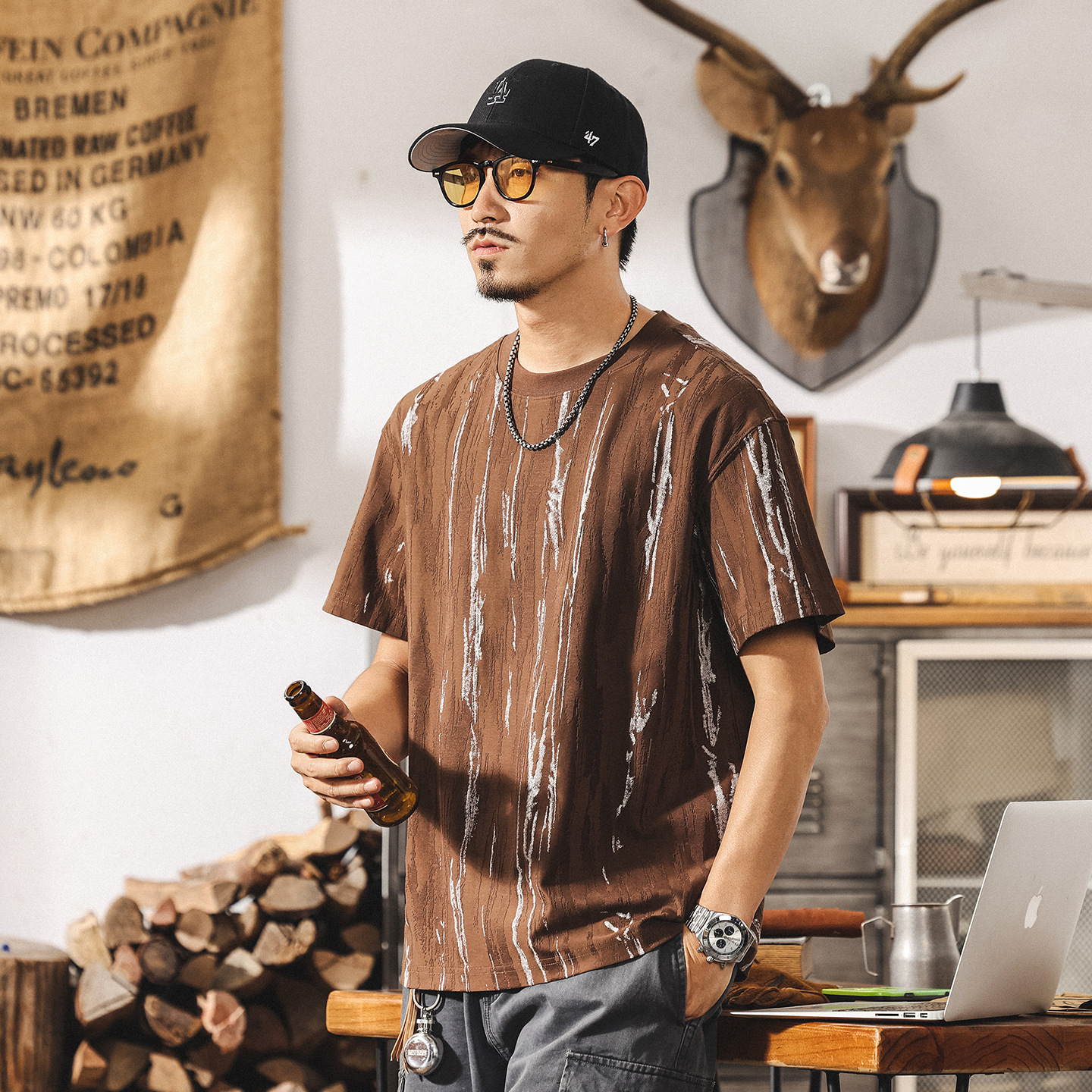 高級感提花男士短袖t恤夏季2025新款潮流美式上衣男休閒半袖體恤