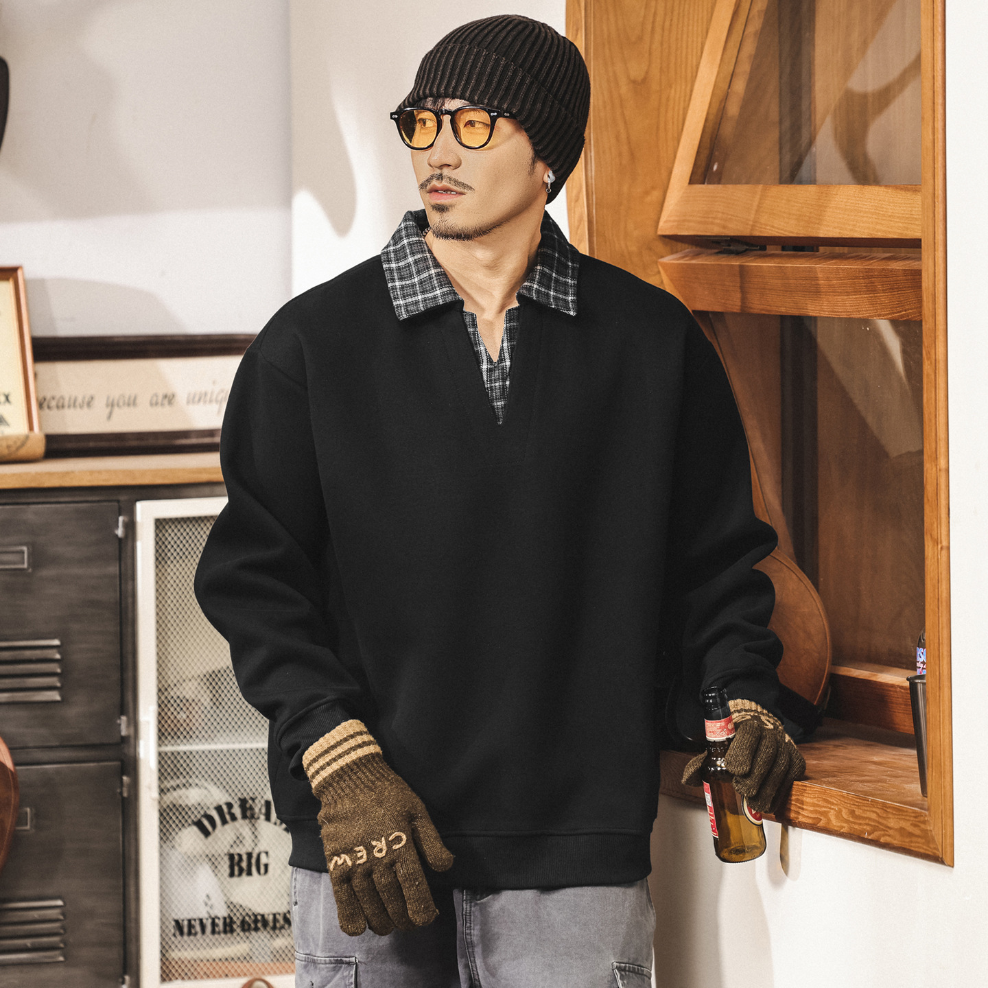 美式復古假兩件衛衣男春秋2025新款寬鬆大碼重磅男士休閒上衣秋季