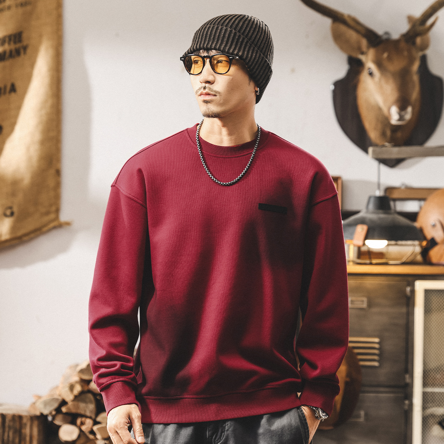 美式360g重磅衛衣男2025新款秋季寬鬆圓領安可拉紅復古春秋外套男