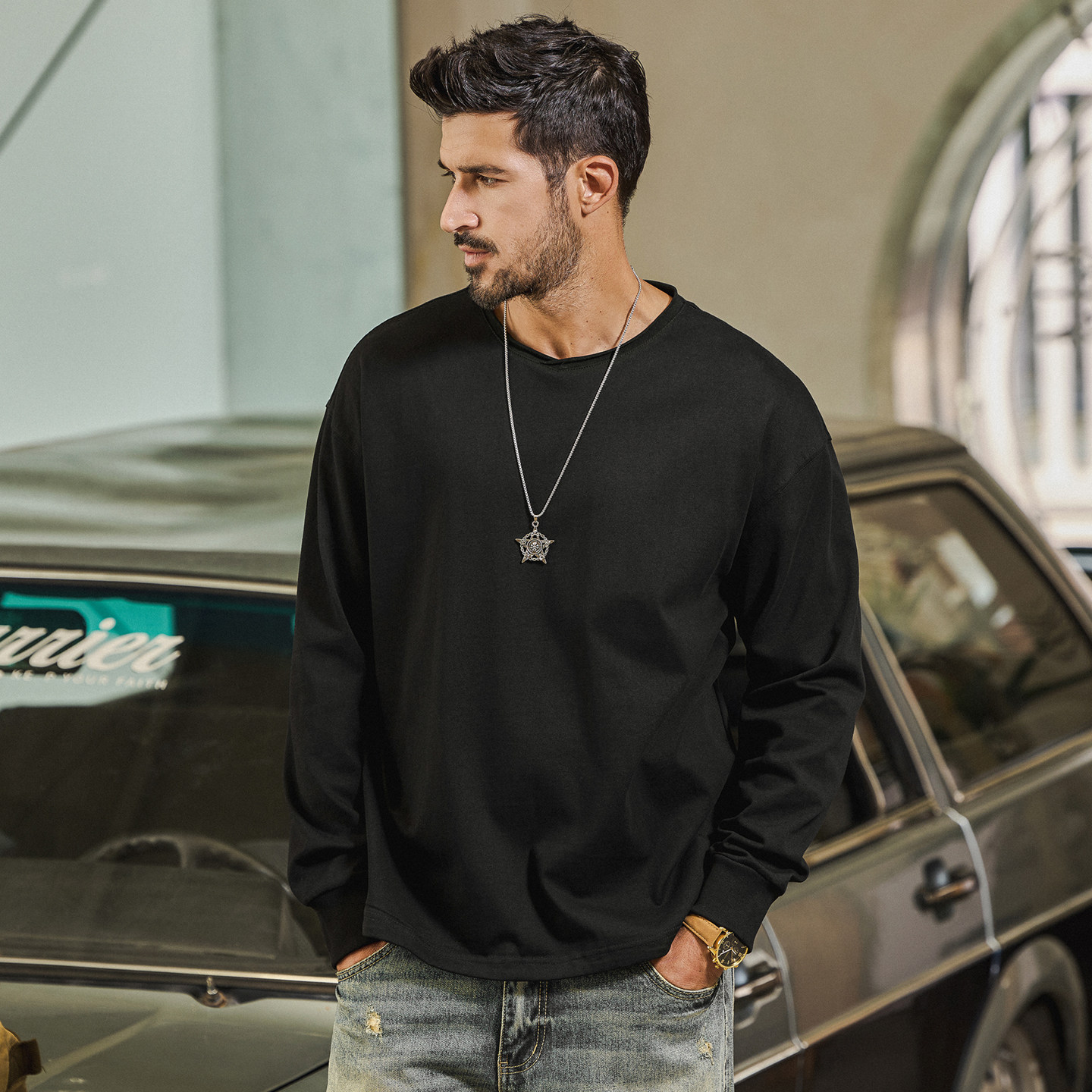 美式復古重磅長袖T恤男春季新款基礎內搭男士打底衫寬鬆上衣