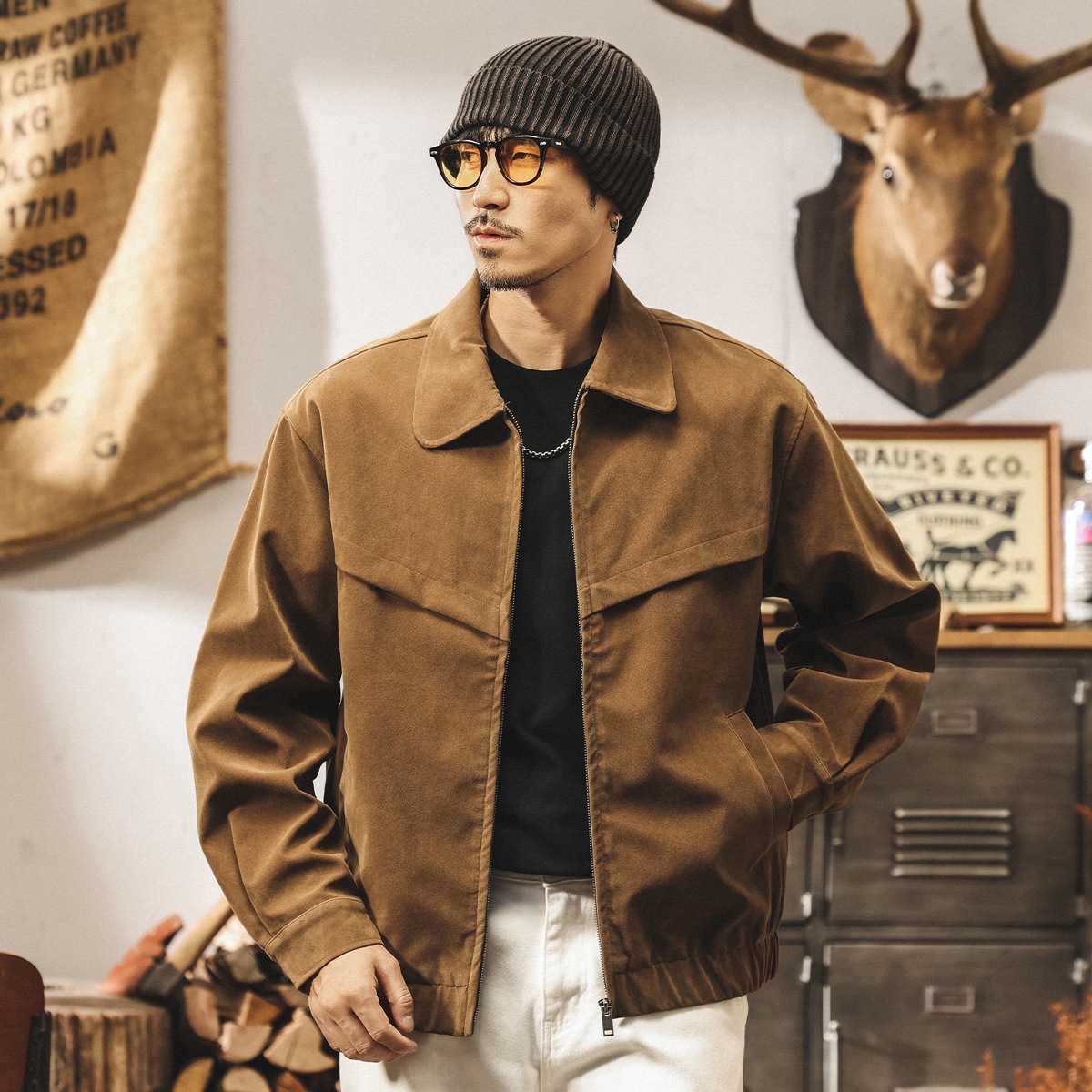 美拉德復古工裝外套男秋春2025新款潮牌潮流帥氣寬鬆反絨皮夾克男