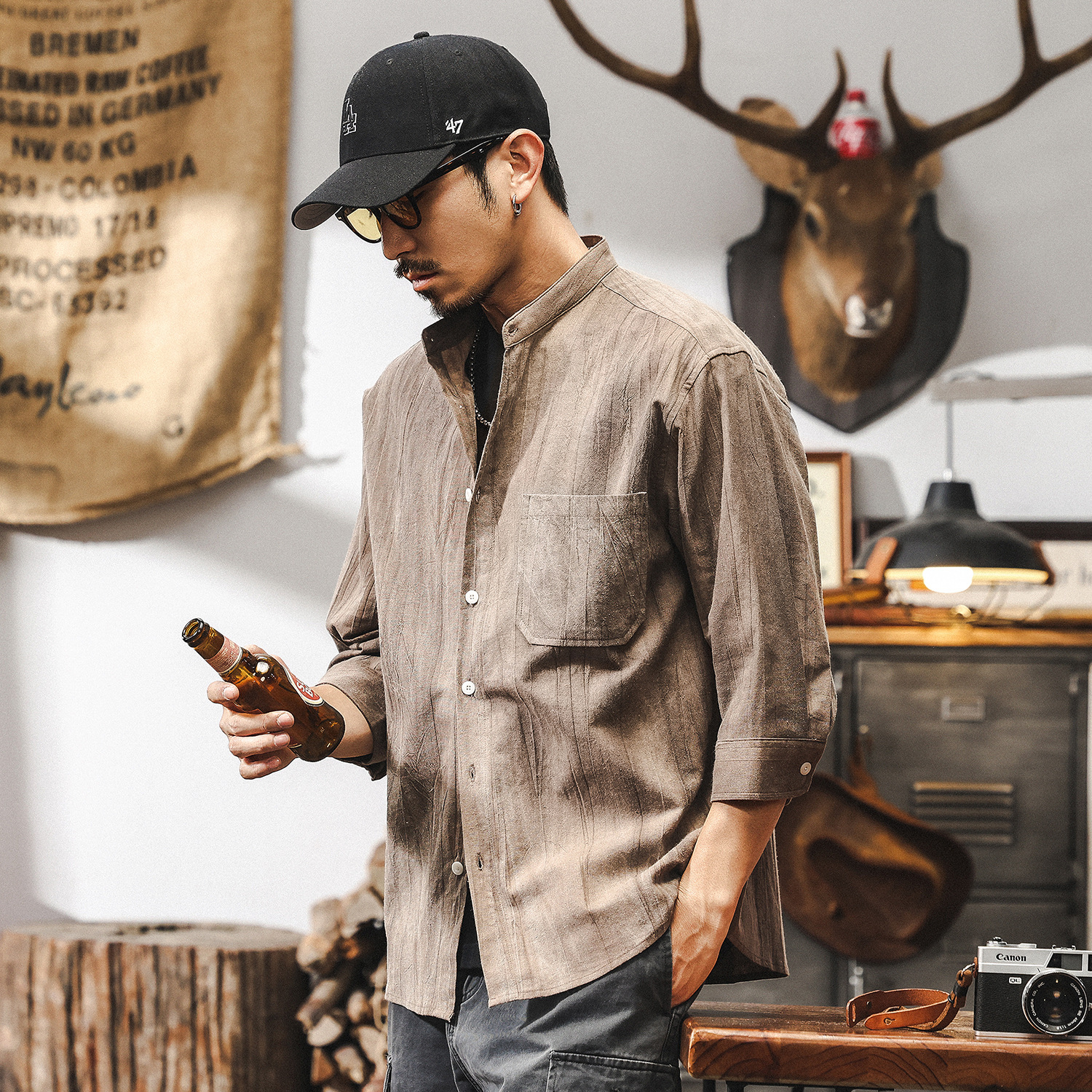 高級感棉麻七分袖襯衫男2025新款短袖男夏季薄款復古立領潮牌襯衣