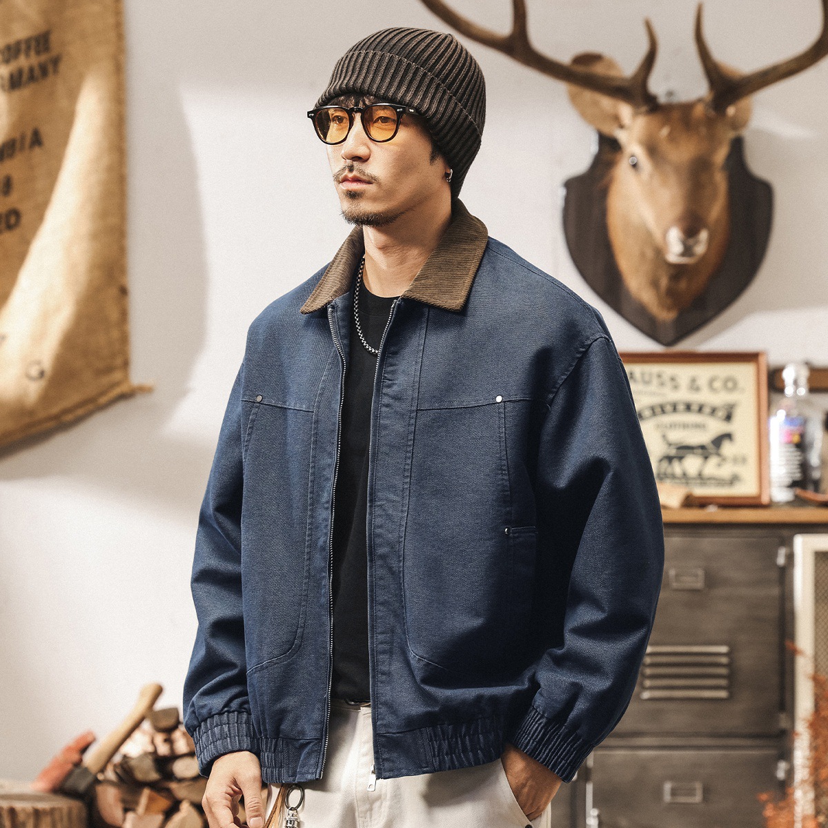 美式復古霜感巴恩風外套男春秋2025新款潮牌工裝寬鬆行政教練夾克