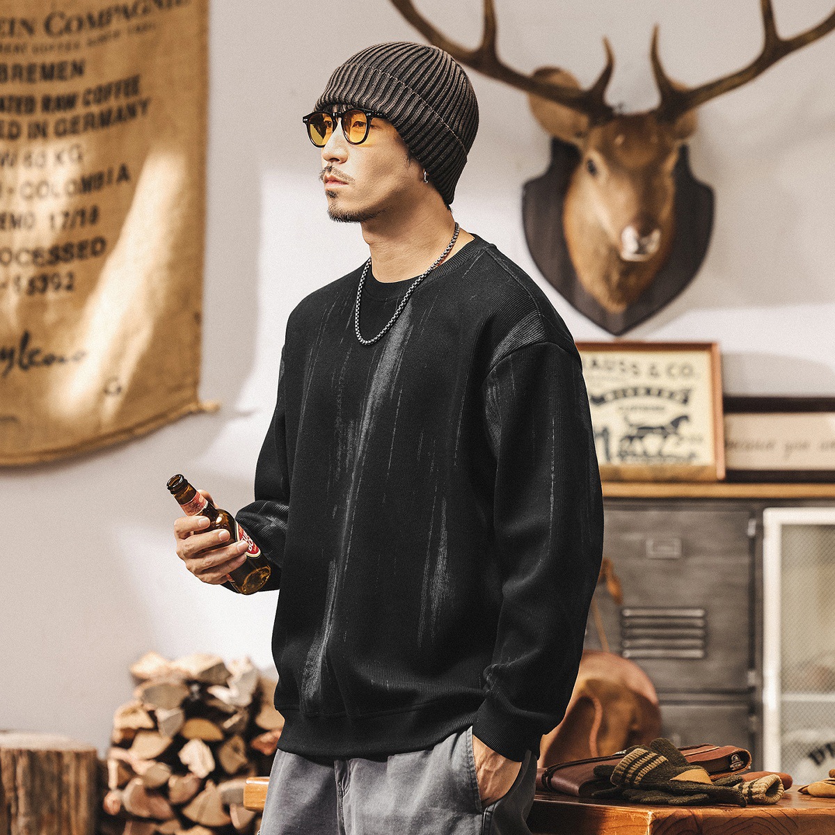 美式復古500g重磅衛衣男春秋潮牌流蘇肌理寬鬆新款秋冬長袖上衣男