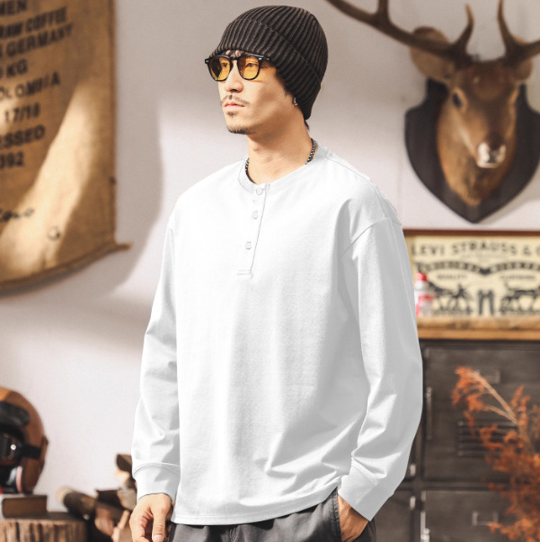 美式復古亨利領t恤男長袖秋季2025新款潮流上衣男寬鬆休閒polo衫