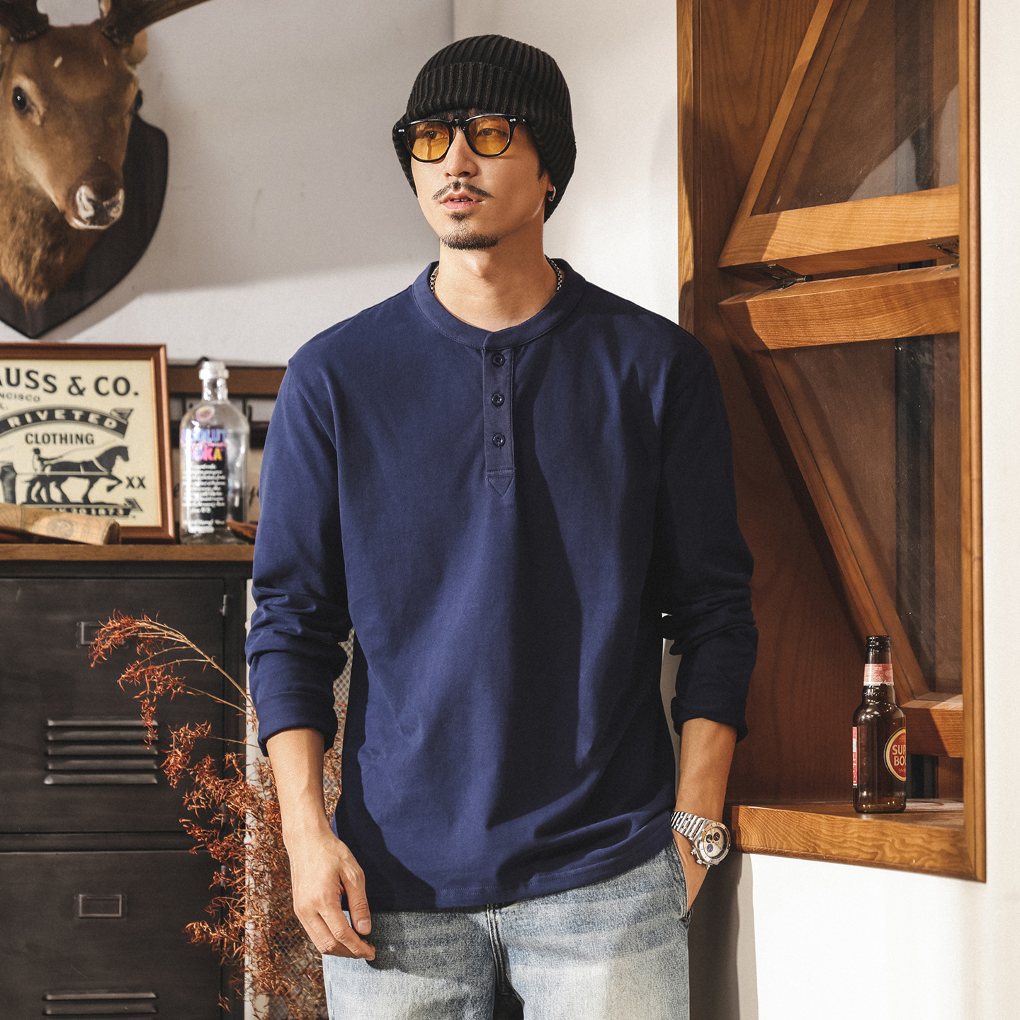 美式復古磨毛輕柔亨利領polo衫男新款長袖t恤男春秋寬鬆上衣