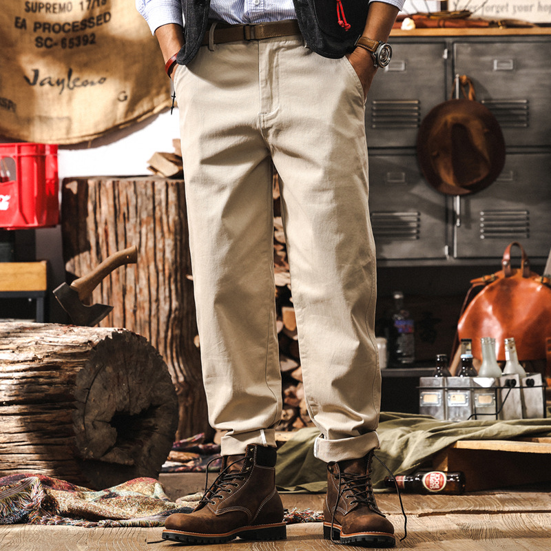 美式復古卡其色工裝褲子男秋季新款休閒褲潮牌寬鬆直筒百搭長褲