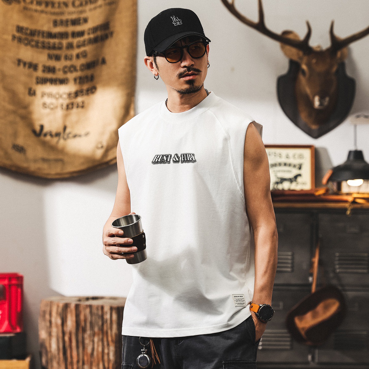 美式復古運動健身背心男款夏季寬鬆無袖男T恤潮牌坎肩上衣男