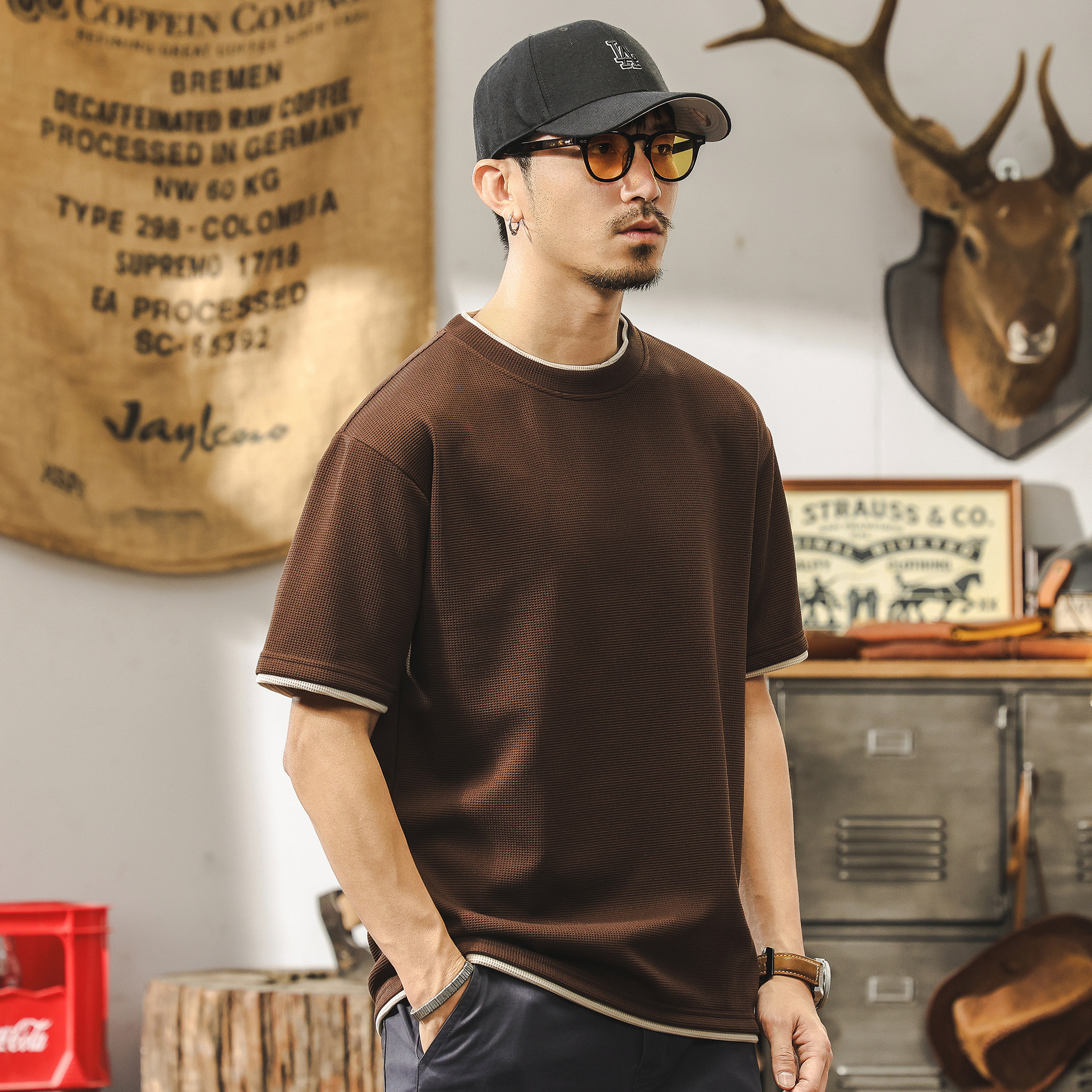 美式復古假兩件短袖T恤男夏季2025新款潮流華夫格寬鬆上衣體恤男