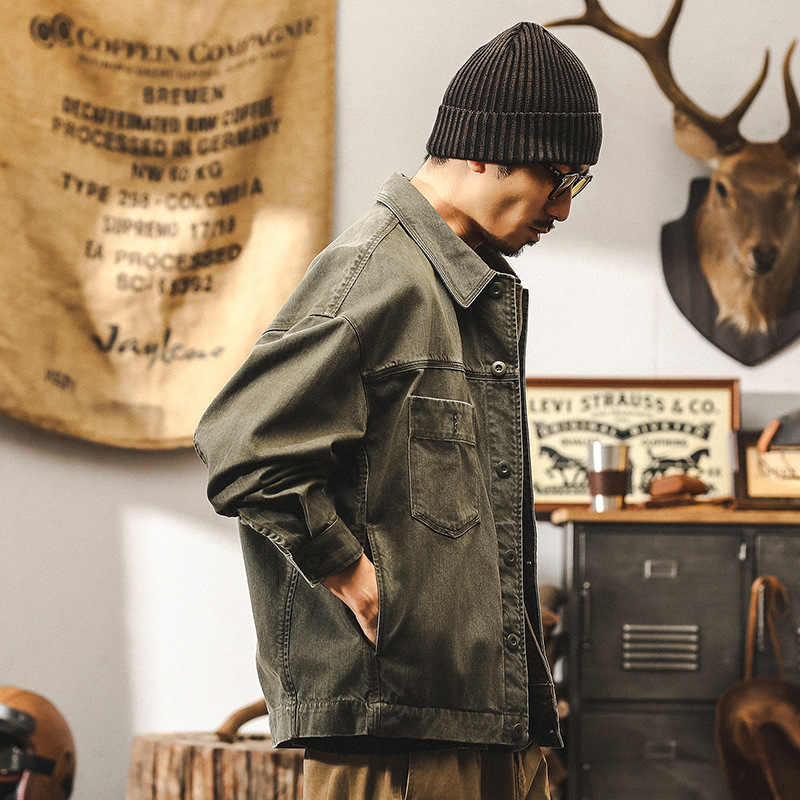 美式復古重磅軍綠色工裝外套男秋季2024新款潮流硬漢寬鬆休閒夾克