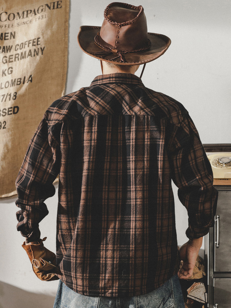 美式復古重磅純棉長袖格子襯衫男加厚寬鬆休閒襯衣潮牌外套秋冬款