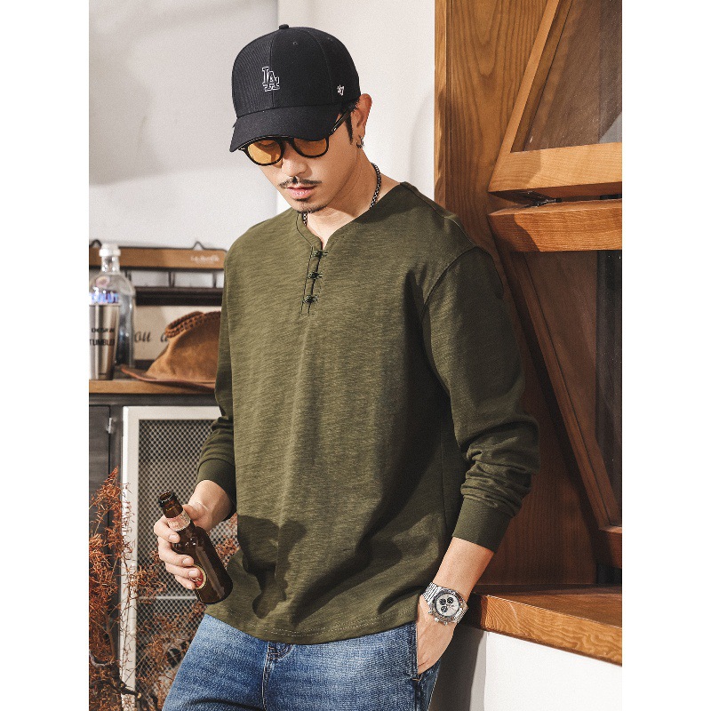 中式古風復古竹節棉t恤男長袖春秋新款潮牌寬鬆亨利領男士Polo衫