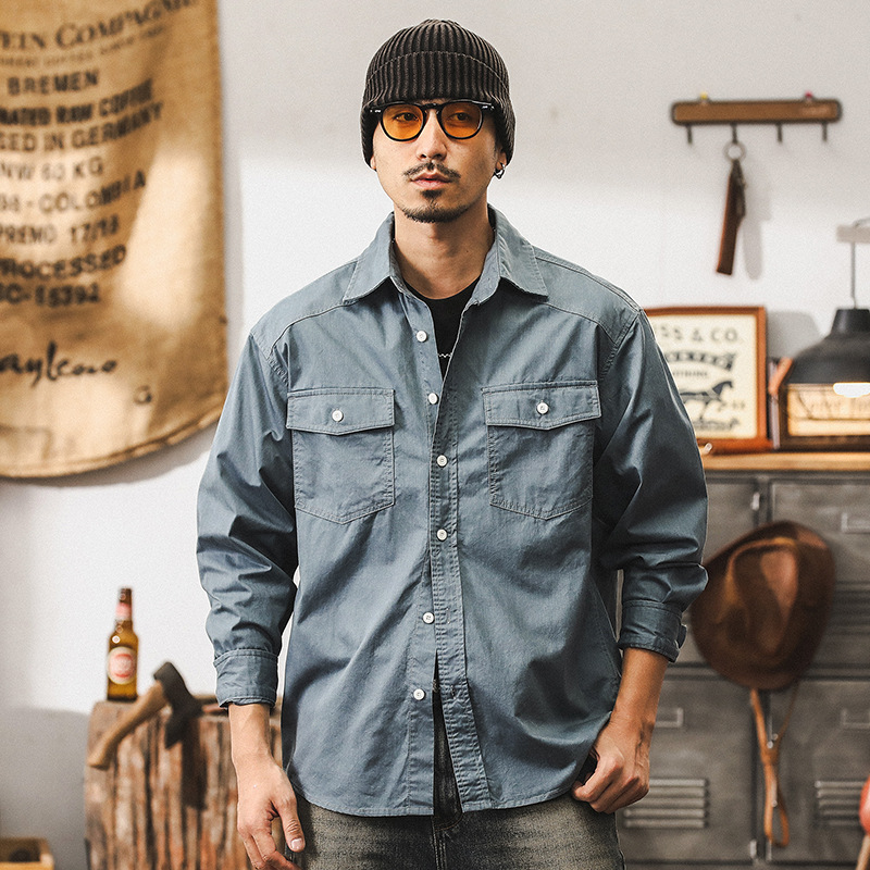 美式復古32支高密工裝襯衫男長袖秋季寬鬆潮牌藍色襯衣男春秋