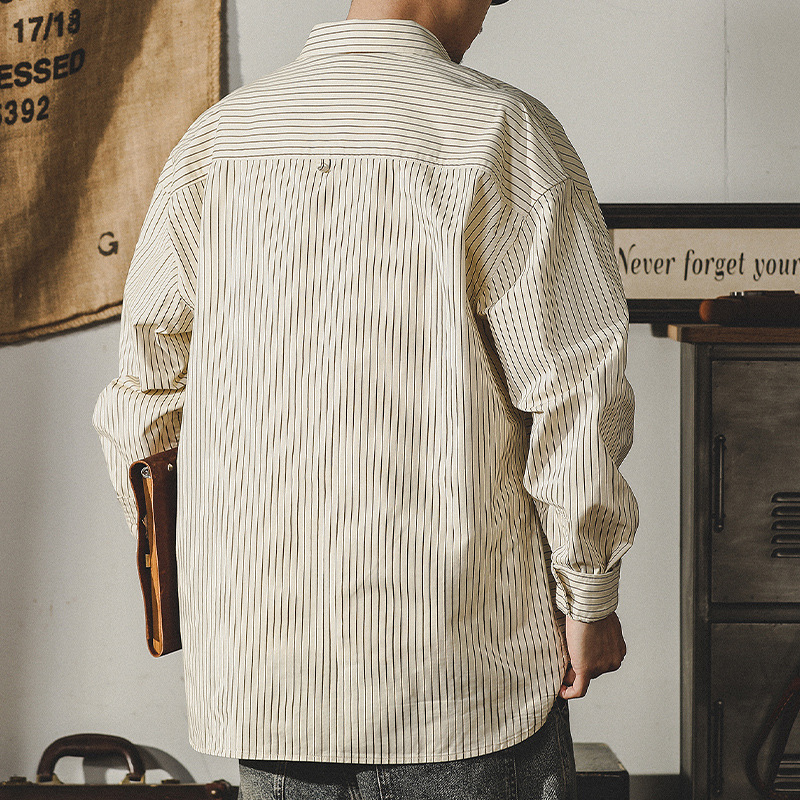 杰雷諾美式工裝復古條紋襯衫男長袖寬鬆廓形阿美咔嘰襯衣外套男款