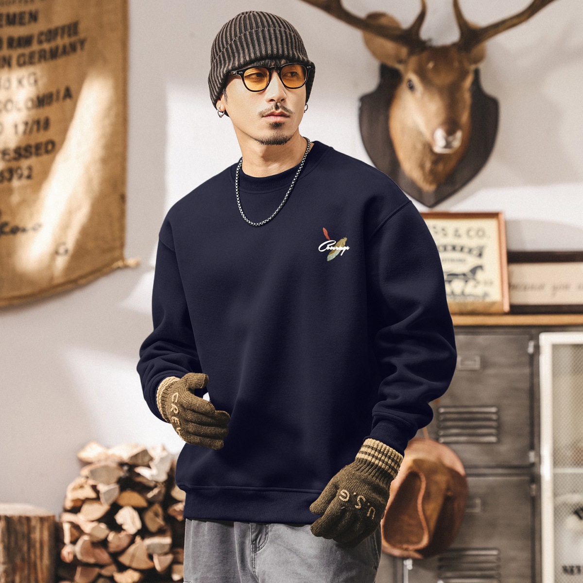 美式復古420g重磅衛衣男春秋新款圓領長袖寬鬆休閒潮流印花上衣男