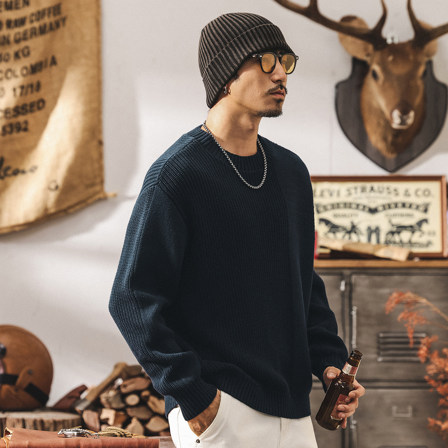 美式重磅復古毛衣男秋冬款慵懶風簡約基礎寬鬆秋季線衣男士針織衫
