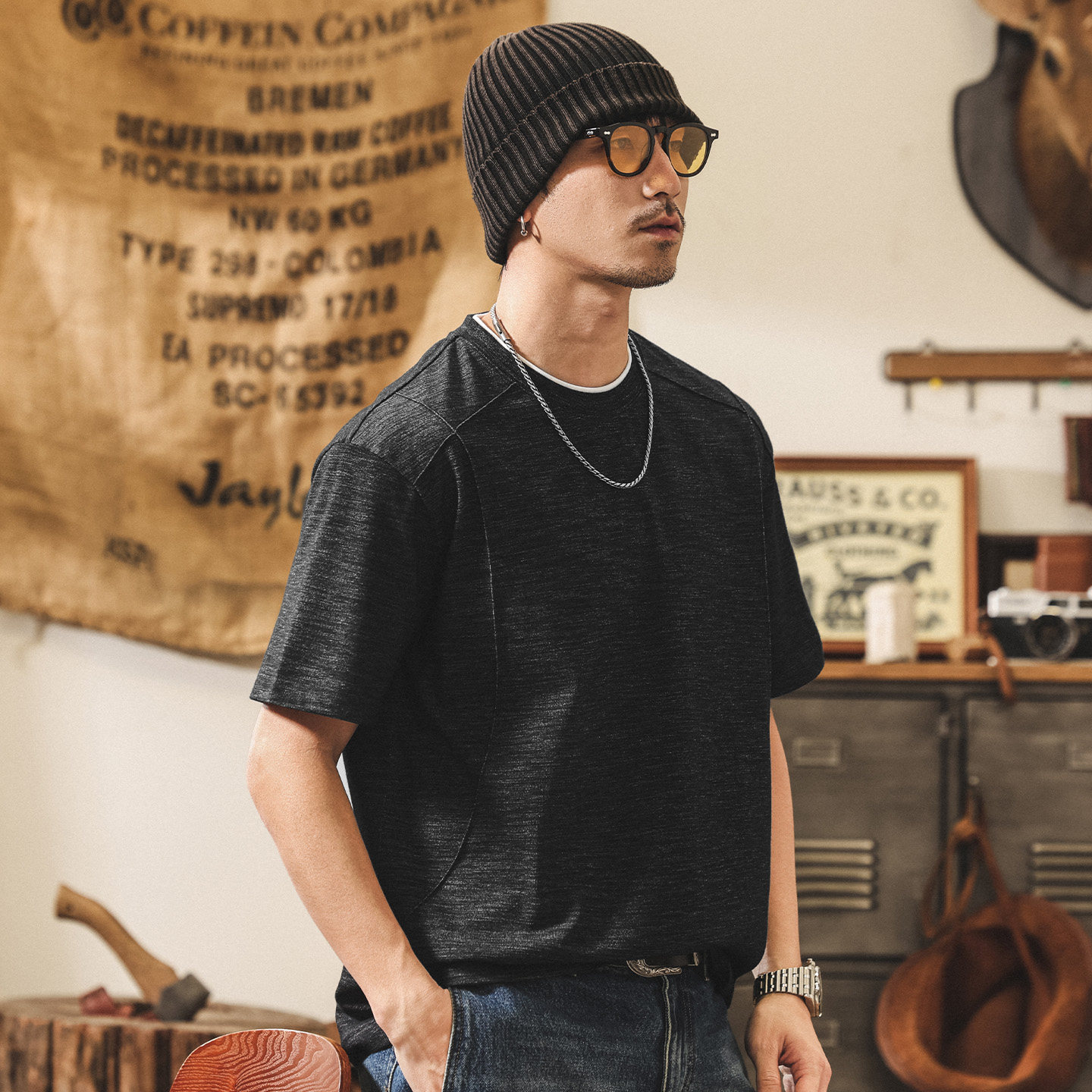 美式復古重磅假兩件男士短袖T恤夏季新款親膚花紗潮流寬鬆上衣男