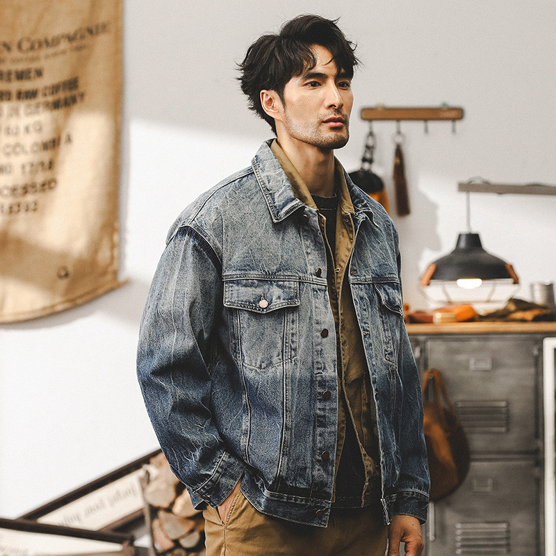 美式重磅漸變牛仔外套男春秋款潮流複古紮花寬松休閑男士工裝夾克