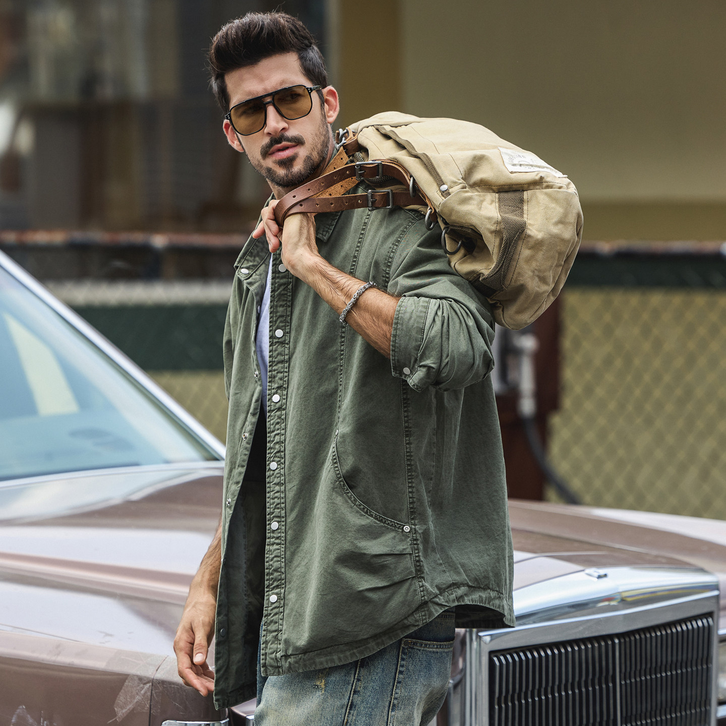 美式復古春季新款男士外套拼接潮牌襯衫式寬鬆休閒春秋工裝夾克男