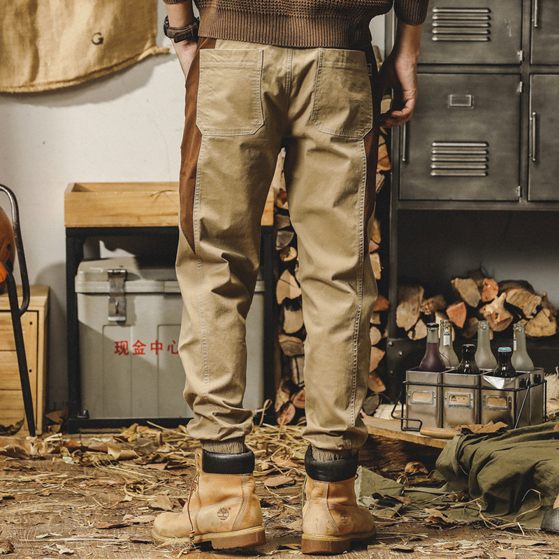 杰雷諾美式復古工裝褲子男秋冬款潮牌撞色寬鬆直筒男士束腳休閒褲