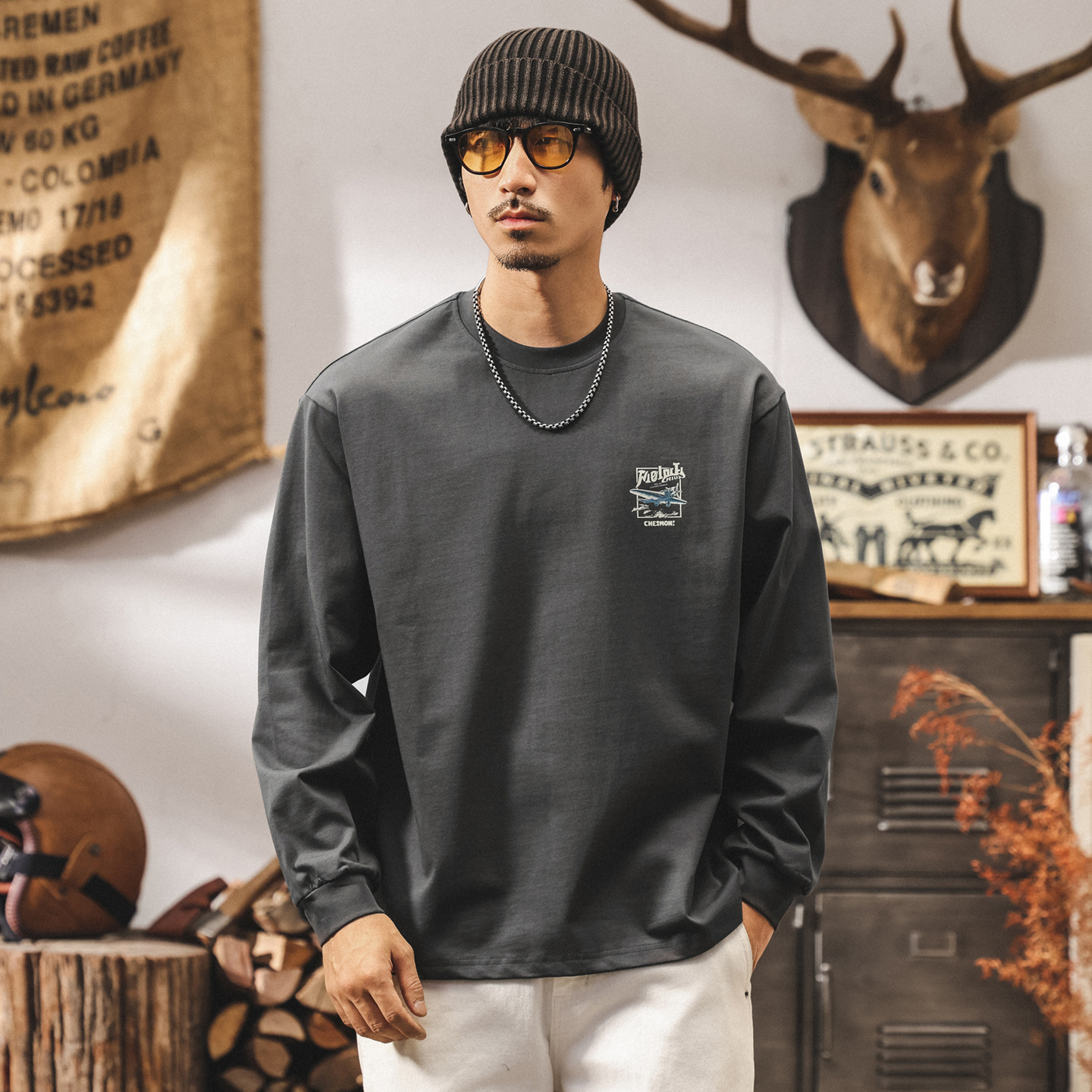 美式復古重磅長袖t恤男寬鬆大碼秋季男裝潮牌漫畫印花男生上衣潮T