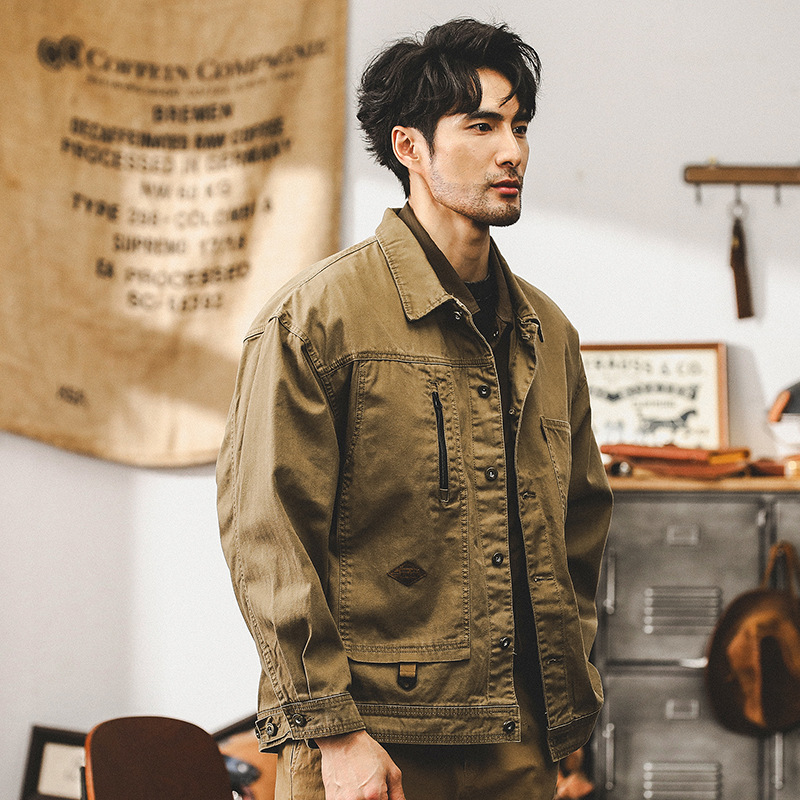 美拉德復古重磅魚骨紋工裝夾克男秋季美式潮牌硬漢獵裝外套男春秋