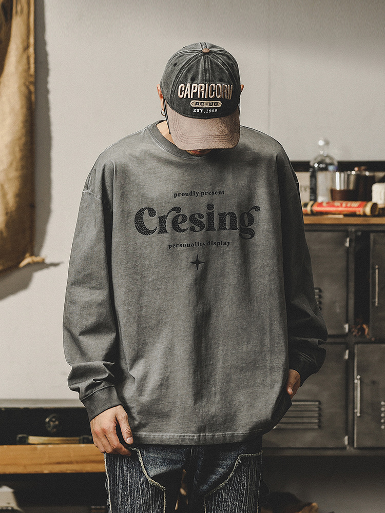 杰雷諾2024春季新款長袖T恤男美式重磅做舊上衣寬鬆打底衫男