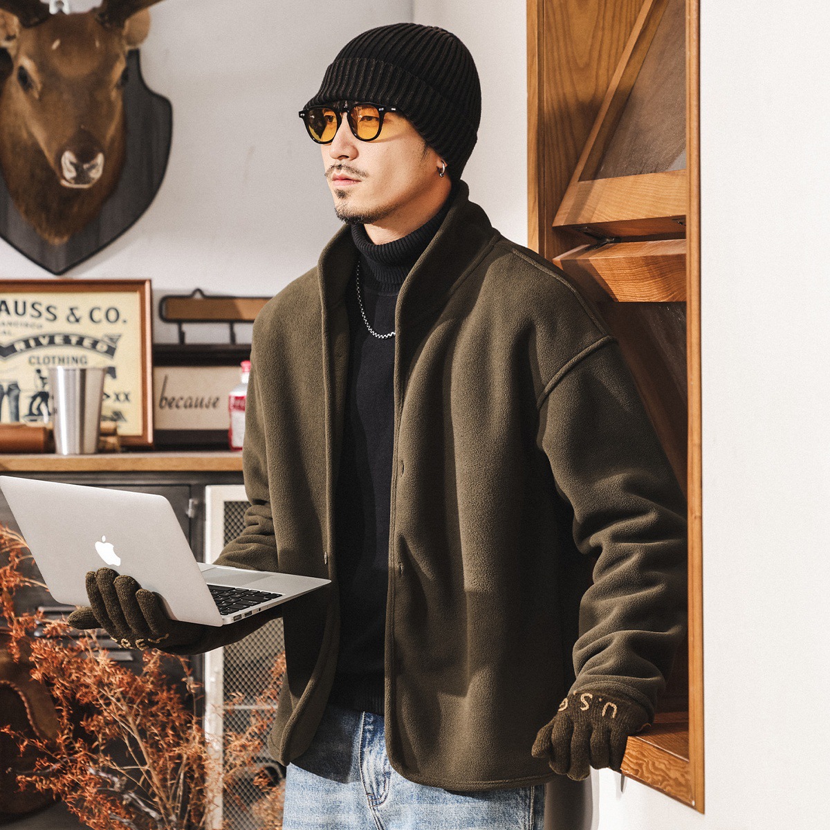 美式復古重磅保暖內膽戶外抓絨衣男冬季加厚內搭搖粒絨休閒外套男