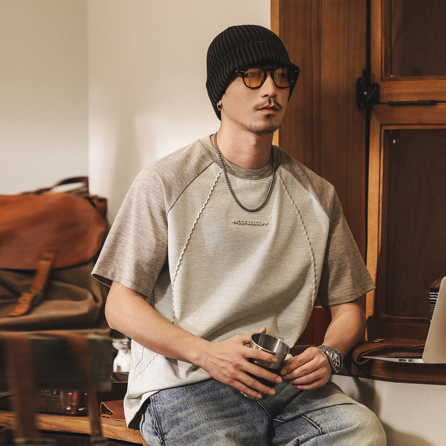 美式復古彩島棉男士短袖T恤夏季新款潮流插肩袖230g重磅寬鬆上衣