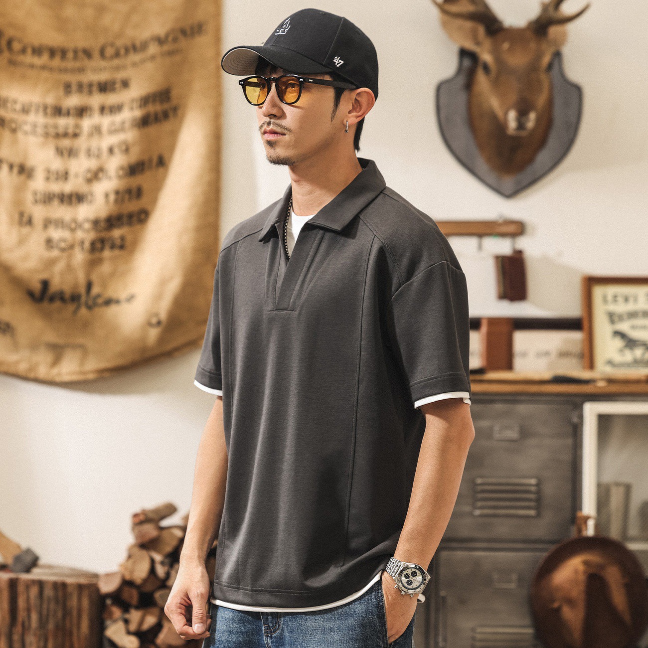 美式復古假兩件果凍棉涼感短袖Polo衫男夏季新款潮牌寬鬆男士T恤