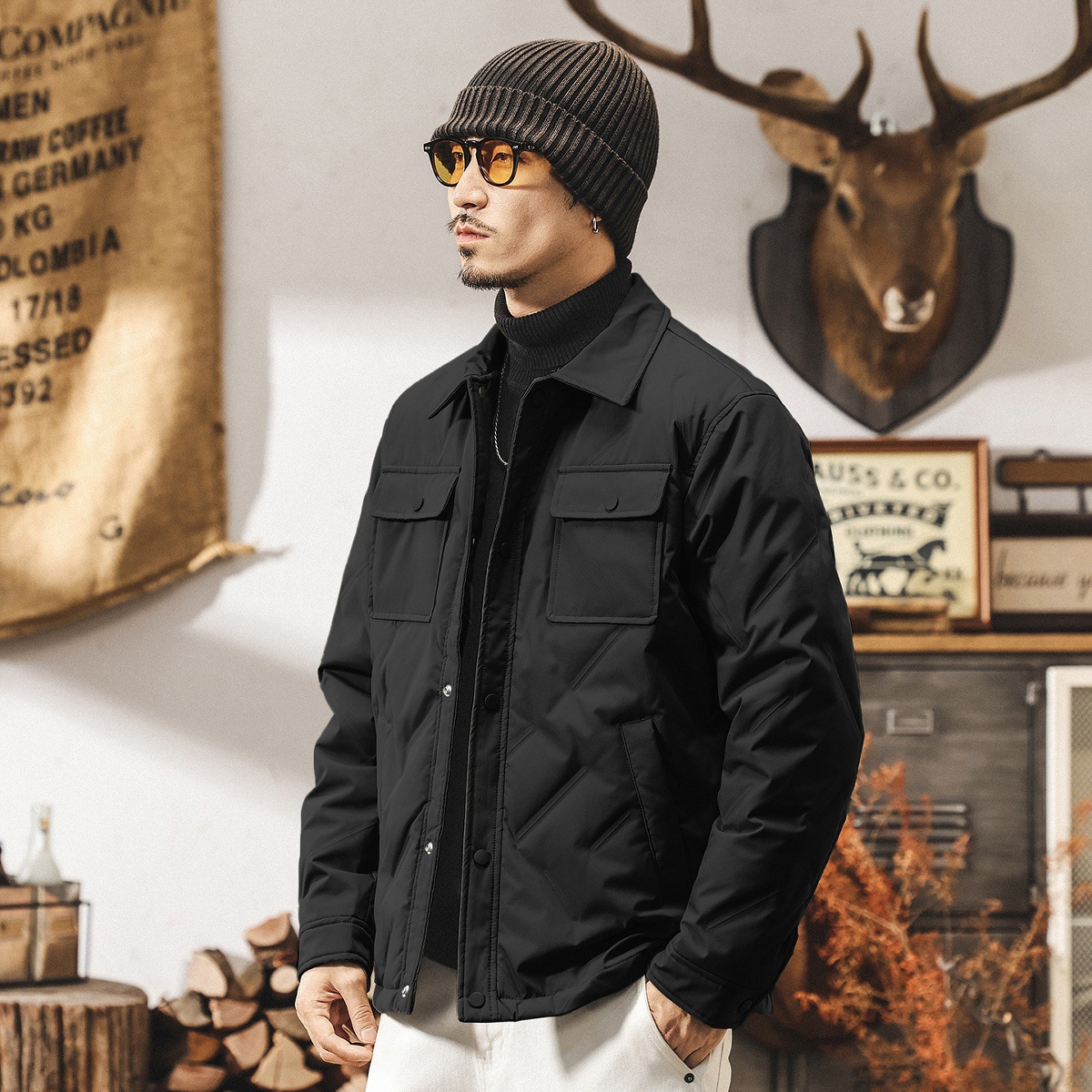 美式復古90白鴨絨輕薄羽絨服男冬季新款潮牌壓花羽絨襯衫夾克外套