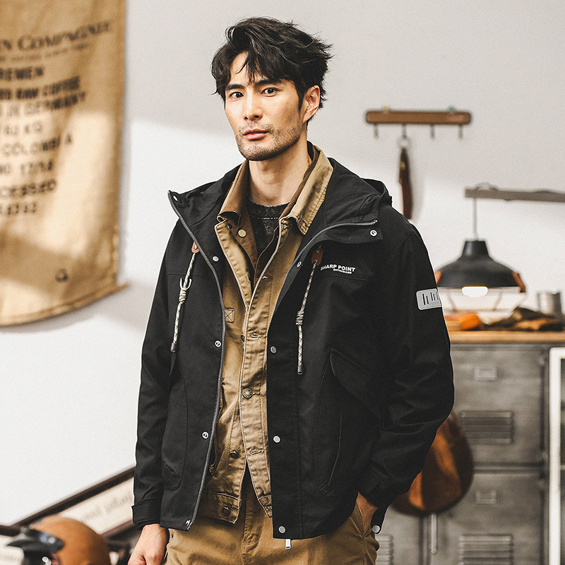 美式復古黑色工裝外套男春秋款寬鬆潮牌戶外機能秋季獵裝連帽夾克