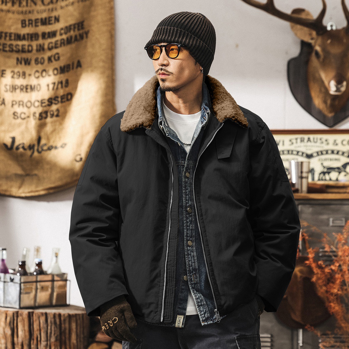 美式復古高蓬鬆90絨座山雕毛領羽絨服男冬季加厚保暖禦寒冬裝外套