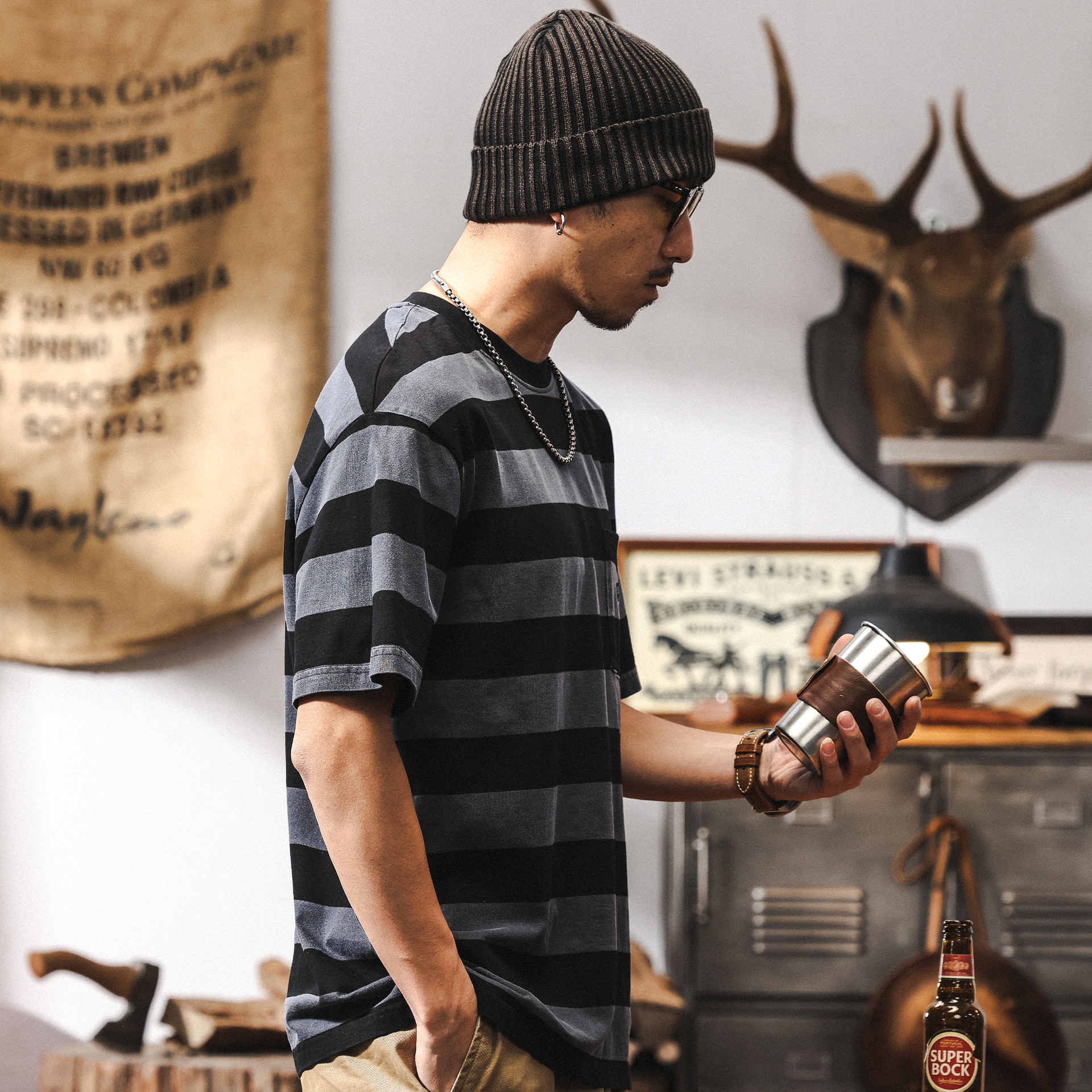 32支雙紗做舊炒砂水洗條紋短袖男T恤夏季美式復古潮流休閒上衣男T