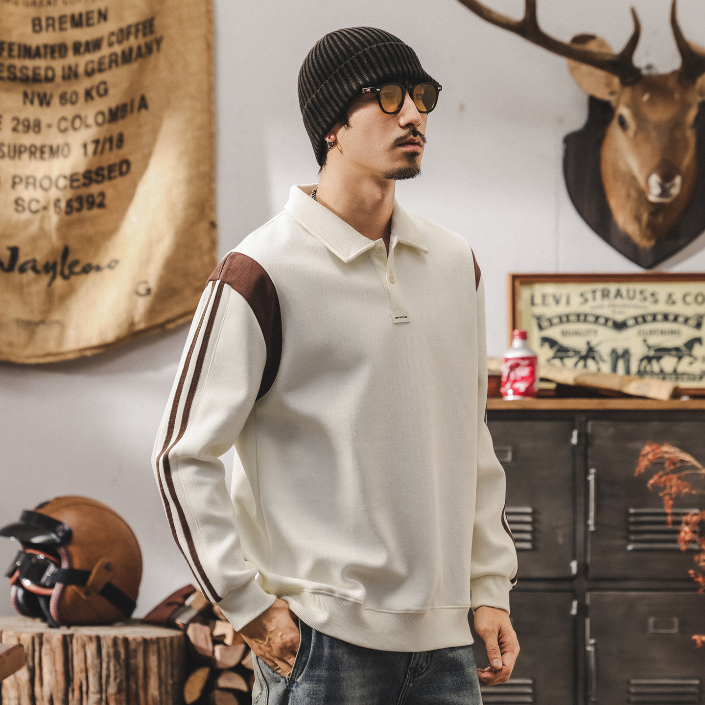 美式復古Polo領衛衣男春秋2025新款潮牌撞色拼接寬鬆休閒男士上衣