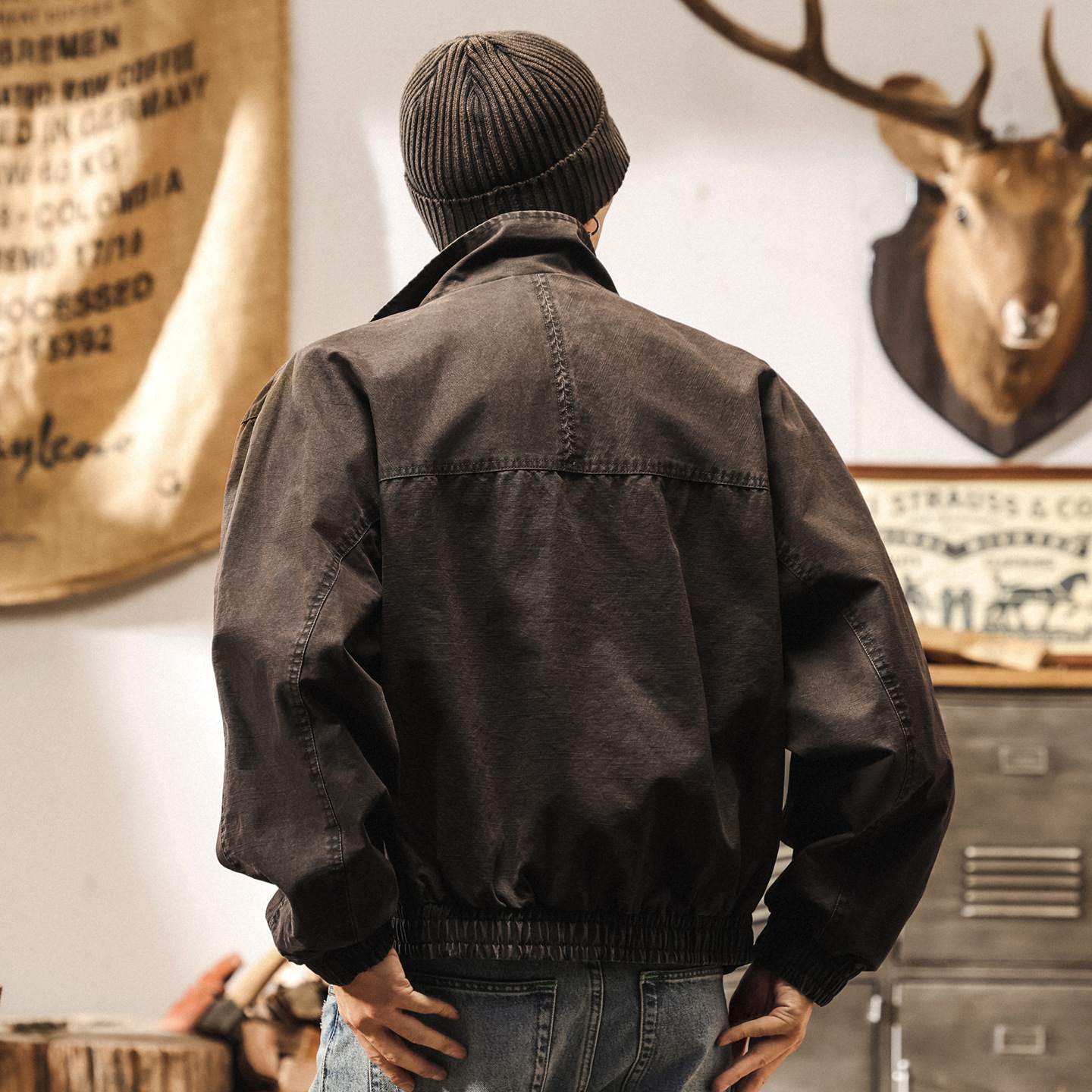 美式復古重磅工裝夾克男寬鬆秋冬款潮牌格紋飛行員短款秋季外套男