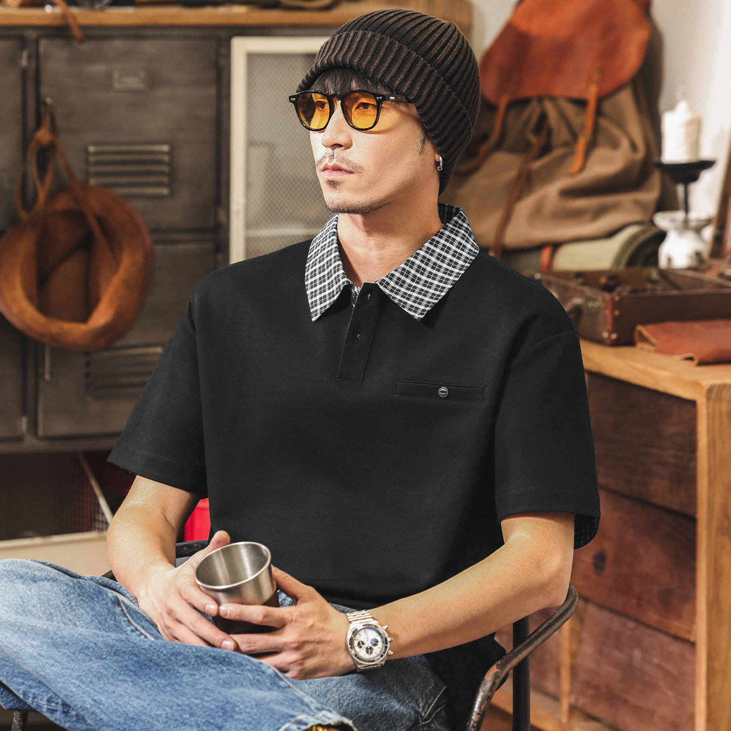 美式復古假兩件格紋Polo衫男夏季短袖男款260g重磅寬鬆潮牌T恤男