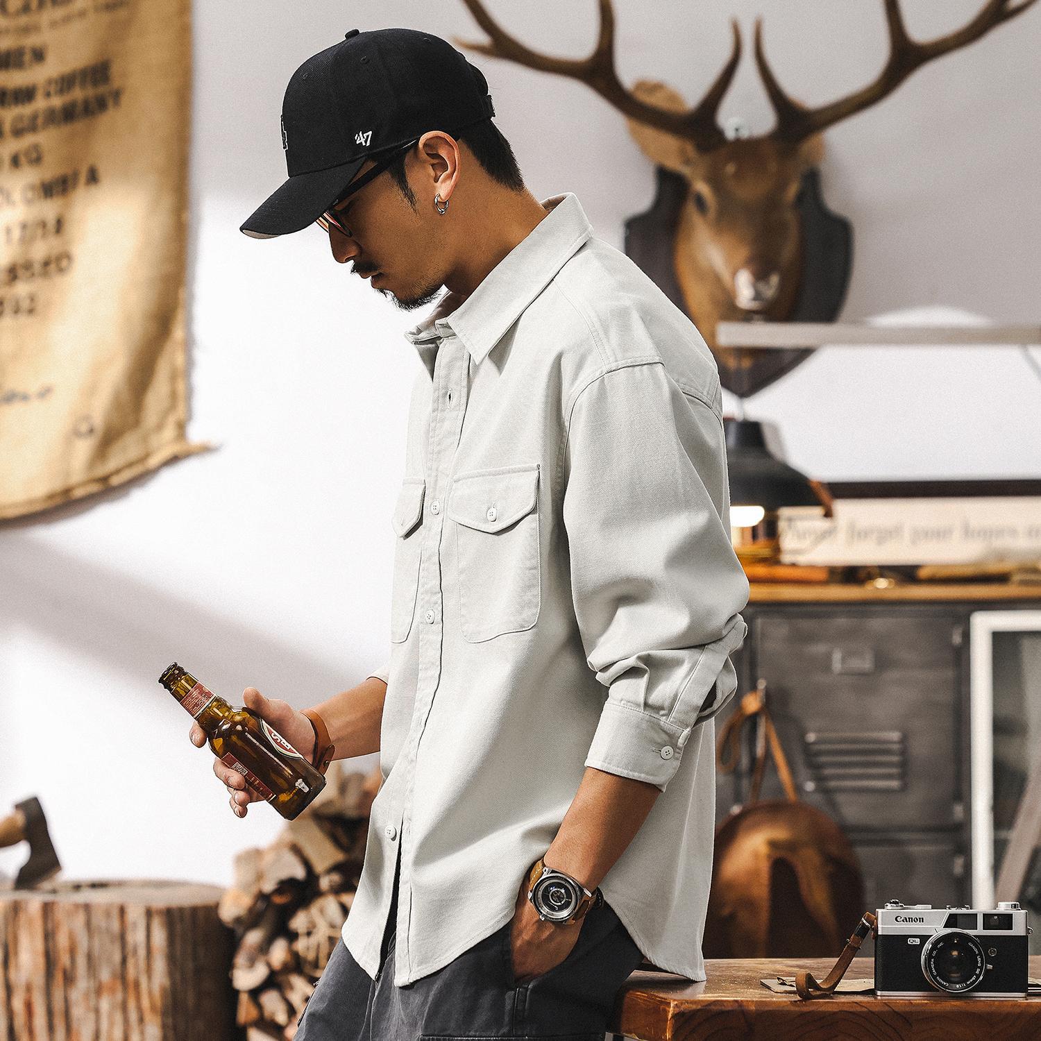 萊賽爾天絲垂感工裝襯衫男長袖2025新款春秋簡約美式復古寬鬆夾克