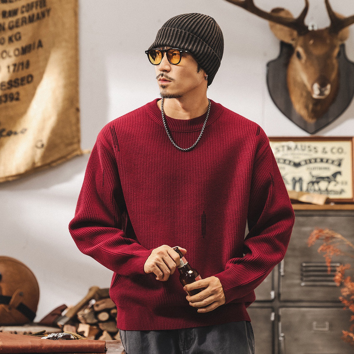 美式重磅復古波爾多紅色毛衣男秋季2025新款男士針織衫秋冬外套男