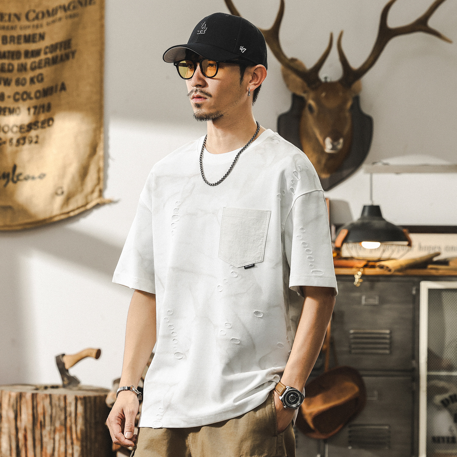 雲染水痕紋理短袖T恤男夏季潮牌破洞寬鬆高級感美式復古男士上衣