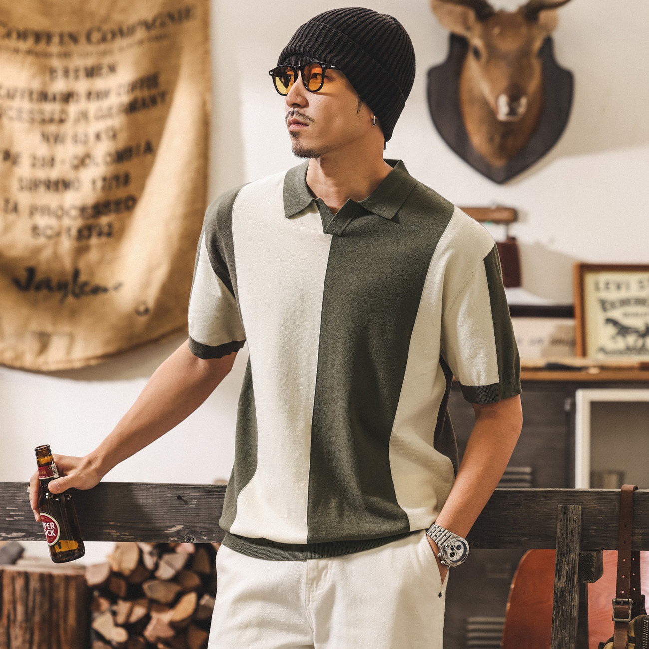 美式復古撞色短袖男款Polo衫夏季新款老錢風針織潮牌T恤男士上衣T