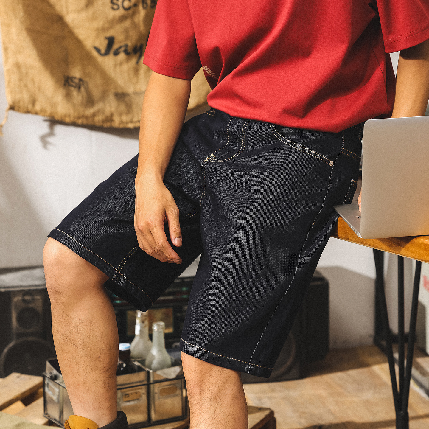 萊賽爾天絲涼感牛仔短褲男款夏季美式薄款直筒五分褲寬鬆休閒中褲