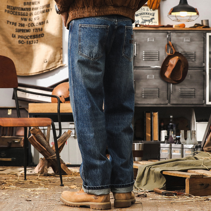 美式復古經典藍色牛仔褲男直筒2024新款寬鬆闊腿石磨水洗休閒褲男