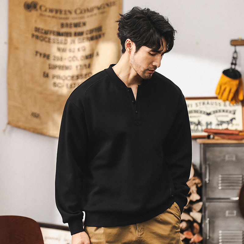 美式復古重磅衛衣男秋季潮牌亨利領半開衫外套男春秋款長袖POLO衫
