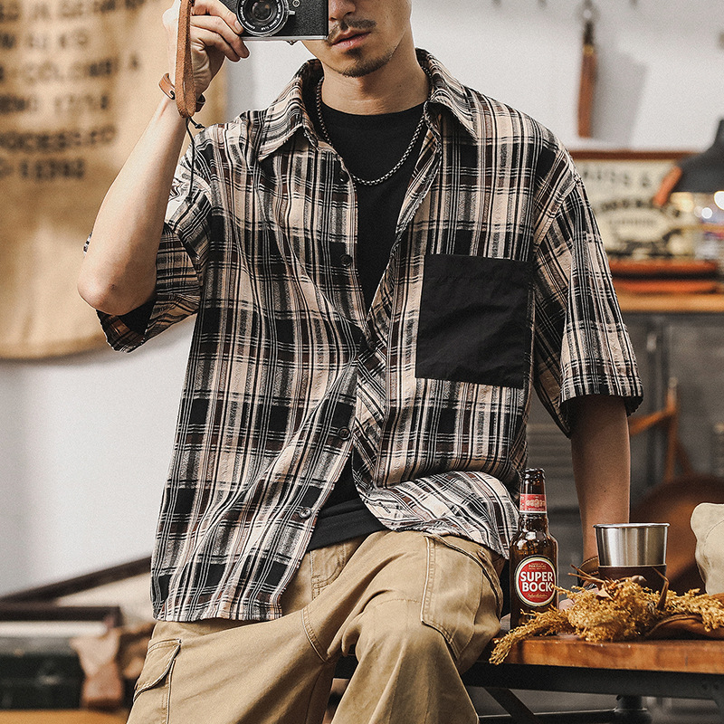 美式復古格子襯衫男高級感2024新款寬鬆潮牌短袖男夏季沙灘襯衣男